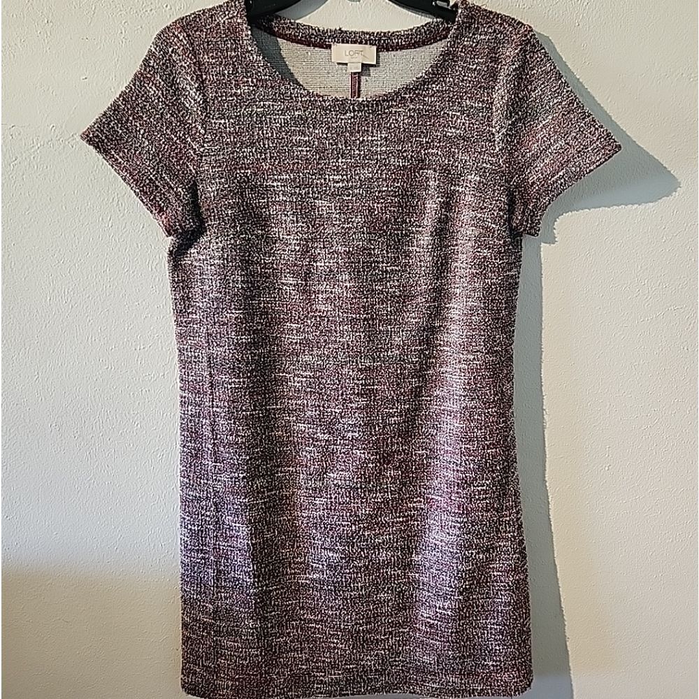 LOFT Womens Red Purple Knit Dress Short Sleeve Round Neck Size Small